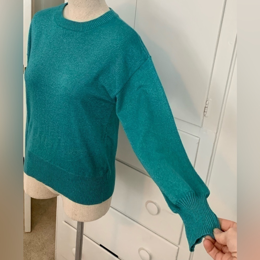 NINE West Balloon Sleeve Metallic Crewneck Sweater Green Sparkle FITS MED Sz XS